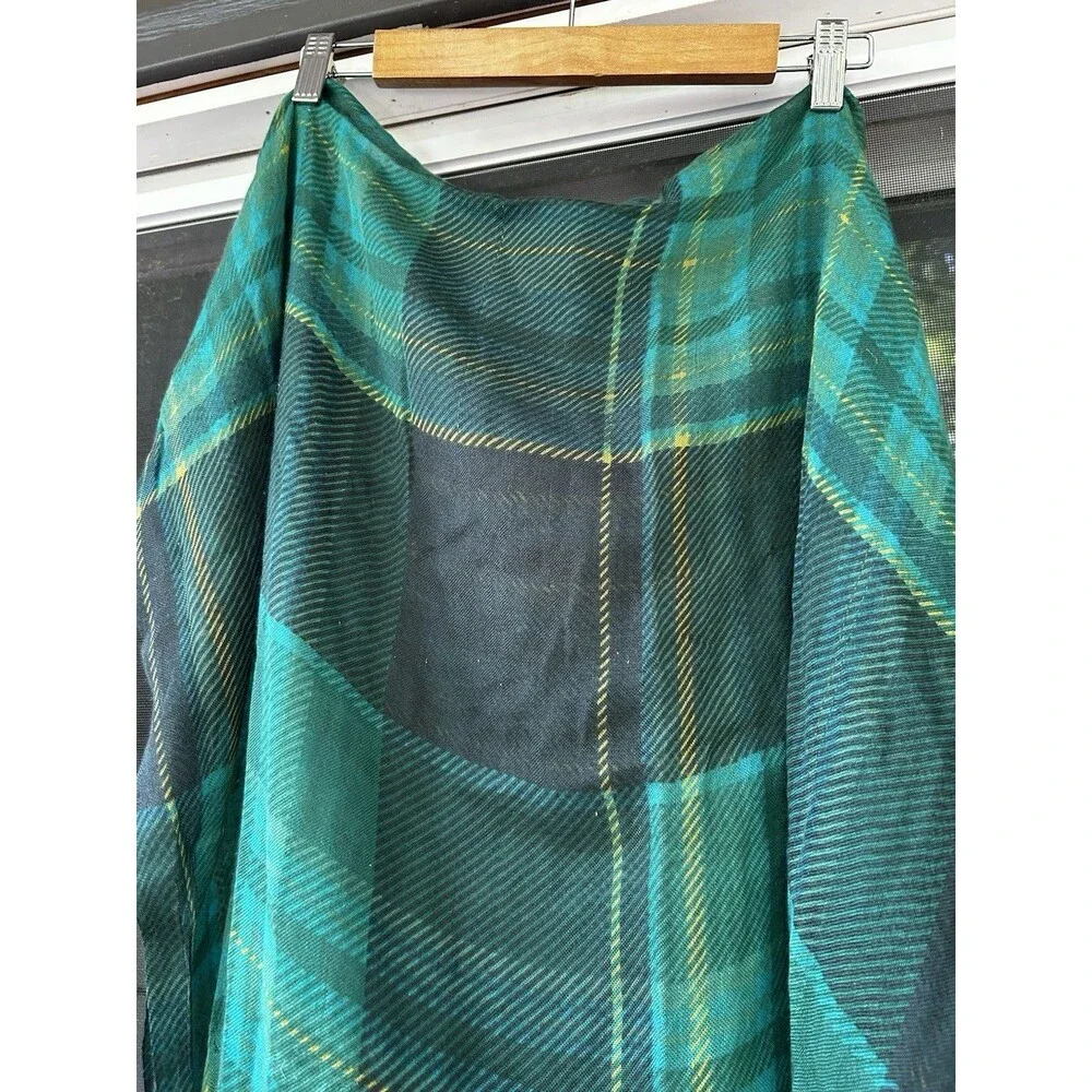 Talbots Wrap Scarf Green Plaid Fringe Silk Wool Preppy Traditional Classic